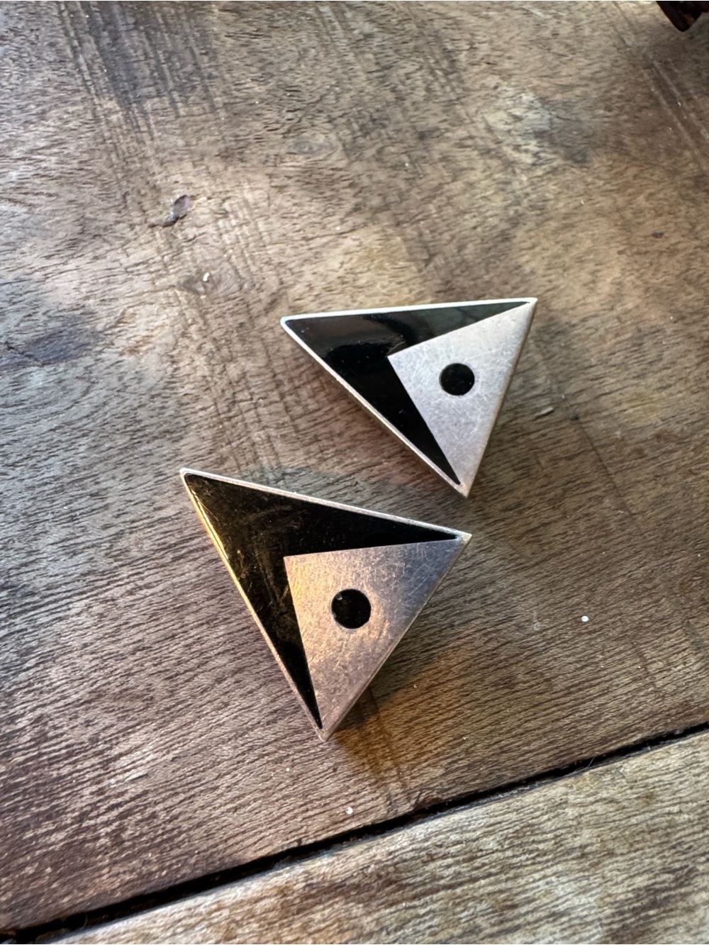 Vintage Taxco TE-11 Sterling Silver 925 Black Onyx Modernist Triangle Earrings